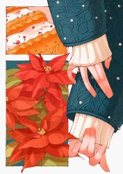 Rule 34 | 1girl, adjusting clothes, beads, blue jacket, commentary, fingerless gloves, flower, food request, gloves, highres, jacket, original, out of frame, outside border, pinching sleeves, plant focus, poinsettia, simple background, sleeves past wrists, solo, sweater, trym hinano, white background, white sweater