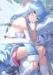 Rule 34 | 1girl, absurdres, ahoge, aki uzuki3, bare shoulders, blue hair, blue jacket, closed mouth, crossed bangs, elf, eye mask, full body, hair between eyes, highres, holding, holding pillow, hololive, jacket, kneehighs, long hair, long sleeves, looking at viewer, lying, on side, open clothes, open jacket, pillow, pointy ears, short shorts, shorts, socks, solo, sunlight, virtual youtuber, white background, white socks, wide sleeves, yellow eyes, yukihana lamy, yukihana lamy (loungewear)