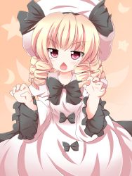 Rule 34 | 1girl, :&lt;, bad id, bad pixiv id, blonde hair, chestnut mouth, drill hair, female focus, hat, highres, kuromari (runia), luna child, open mouth, red eyes, solo, touhou