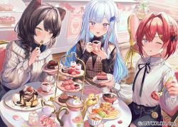 Rule 34 | 3girls, :d, ;q, ange katrina, apple, apple slice, black hair, blue eyes, blue hair, blush, braid, brown hair, brown sweater, brown vest, cake, cake slice, commentary request, copyright notice, cup, eating, food, fork, fruit, hair intakes, heterochromia, holding, holding cup, holding fork, holding plate, inui toko, lize helesta, long hair, long sleeves, mousse (food), multiple girls, nijisanji, official art, on chair, one eye closed, open mouth, pancake, plate, pocket watch, purple eyes, red eyes, red hair, sebastian piyodore, short hair, simple background, sitting, smile, souffle pancake, strawberry, sweater, table, teapot, tiered tray, tongue, tongue out, vest, virtual youtuber, watch, white sweater, y o u k a, yellow eyes