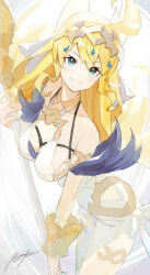 Rule 34 | 1girl, ahoge, bare shoulders, blonde hair, blue eyes, breasts, cleavage, dragalia lost, dress, hair ornament, highres, holding, holding staff, large breasts, long hair, looking at viewer, medium breasts, official alternate costume, punished pigeon, sideboob, signature, sleeveless, sleeveless dress, smile, solo, staff, very long hair, white background, white dress, zethia