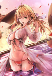 Rule 34 | 1girl, ahoge, alternate costume, bikini, blonde hair, blouse, blush, caster (nero claudius), earrings, fate/grand order, fate (series), hair intakes, halterneck, highres, jewelry, long hair, nero claudius (fate), nero claudius (fate) (all), nero claudius (swimsuit caster) (fate), nero claudius (swimsuit caster) (third ascension) (fate), one eye closed, open clothes, open shirt, shirt, side-tie bikini bottom, smile, solo, stomach, striped bikini, striped clothes, swimsuit, v-shaped eyebrows, wading, water, yellow eyes