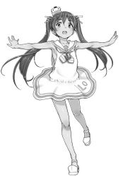 Rule 34 | 10s, 1girl, aya shachou, blush, dark-skinned female, dark skin, dress, fang, greyscale, hair ribbon, hat, highres, kantai collection, libeccio (kancolle), long hair, looking at viewer, monochrome, open mouth, outstretched arms, ribbon, sailor dress, sleeveless, smile, solo, spread arms, twintails