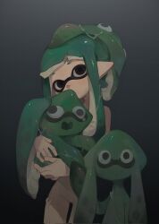 Rule 34 | 2girls, aged down, animal, animal on head, black background, black eyes, blank stare, blunt bangs, commentary, completely nude, cowboy shot, domino mask, empty eyes, expressionless, gradient background, green hair, head tilt, highres, holding, holding animal, inkling, inkling girl, inkling player character, lazy eye, liang cun rakuna, looking at viewer, mask, multiple girls, nintendo, nude, on head, pointy ears, short eyebrows, short hair with long locks, slime (substance), solo, splatoon (series), squid, standing, tearing up, wide-eyed
