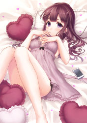 Rule 34 | 1girl, babydoll, bed sheet, blush, breasts, cellphone, convenient leg, eyebrows, finger to mouth, frilled pillow, frills, hand on own chest, heart, heart-shaped pillow, highres, knees up, long hair, looking at viewer, lying, medium breasts, on back, on bed, original, phone, pillow, purple eyes, purple hair, ribbon-trimmed clothes, ribbon trim, sakura shiho (shihoncake), smartphone, solo