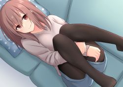 Rule 34 | 1girl, akahi242, black pantyhose, blue shorts, brown eyes, brown hair, couch, grey sweater, hair between eyes, looking at viewer, lying, no shoes, on back, original, pantyhose, pantyhose under shorts, pillow, polka dot pillow, shorts, smile, solo, sweater