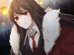 Rule 34 | 1girl, black jacket, brown hair, closed mouth, coat, collared shirt, commentary, fur-trimmed coat, fur trim, gimseng, highres, jacket, lantern, lapels, library of ruina, long hair, looking at viewer, necktie, night, notched lapels, outdoors, paper lantern, project moon, red coat, red eyes, red necktie, shirt, sky lantern, solo, standing, tie clip, white shirt, wing collar, xiao (project moon)