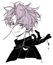 Rule 34 | 1boy, black gloves, black sweater, cigarette, colored eyelashes, commentary, earrings, eyes visible through hair, gloves, highres, holding, holding cigarette, jewelry, korean commentary, long sleeves, male focus, pink hair, poru 1, red eyes, saibou shinkyoku, short hair, simple background, smile, solo, sweater, theodore riddle, turtleneck, turtleneck sweater, white background