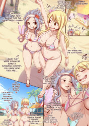 Rule 34 | 2girls, absurdres, bikini, blonde hair, breasts, english text, fairy tail, highres, large breasts, levy mcgarden, lucy heartfilia, multiple girls, smile, swimsuit