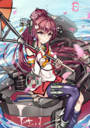 Rule 34 | 10s, 1girl, bingyuheizhiyan, blurry, brown eyes, brown hair, depth of field, detached sleeves, holding, kantai collection, long hair, looking at viewer, machinery, ocean, petals, pleated skirt, ponytail, sitting, sketch, skirt, solo, turret, umbrella, wind, yamato (kancolle)