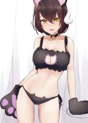 Rule 34 | 1girl, animal ears, animal hands, azur lane, bare shoulders, bell, black bra, black choker, black hair, black panties, blush, bra, breasts, cat cutout, cat ears, cat lingerie, cat paws, choker, cleavage cutout, clothing cutout, collarbone, commentary request, contrapposto, cowboy shot, curtains, fake animal ears, fang, hair between eyes, highres, horns, kousi sirazawa, large breasts, looking at viewer, meme attire, mikasa (azur lane), navel, neck bell, open mouth, panties, short hair, side-tie panties, skin fang, smile, solo, standing, stomach, underwear, yellow eyes