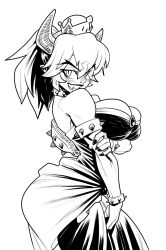 Rule 34 | 1girl, armlet, ass, bare shoulders, black dress, blush, bowsette, bracelet, breasts, cleavage, collar, dress, fang, fingernails, grin, groove1121, highres, horns, jewelry, large breasts, looking at viewer, mario (series), monochrome, monster girl, nail polish, new super mario bros. u deluxe, nintendo, ponytail, sharp fingernails, simple background, slit pupils, smile, solo, spiked armlet, spiked bracelet, spiked collar, spiked shell, spikes, super crown, white background