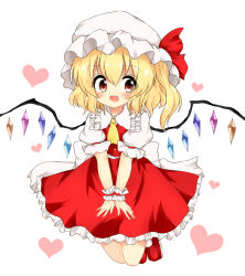 Rule 34 | 1girl, absurdres, ascot, back bow, blonde hair, blush, bow, collared shirt, crystal, fang, flandre scarlet, frilled shirt collar, frilled skirt, frills, full body, happy, hat, heart, highres, koppa (mgim4428000), large bow, looking at viewer, medium hair, mob cap, moon, multicolored wings, one side up, orange eyes, puffy short sleeves, puffy sleeves, red footwear, red skirt, red vest, shirt, short sleeves, simple background, skin fang, skirt, skirt set, sleeve ribbon, socks, solo, touhou, vest, white background, white bow, white hat, white shirt, white socks, wings, wrist cuffs, yellow ascot