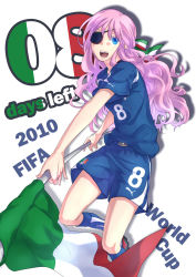 Rule 34 | 1girl, 2010 fifa world cup, bad id, bad pixiv id, bliss (ferment factory), blue eyes, eyepatch, flag, happy, highres, italian flag, italy, long hair, pink hair, shorts, solo, world cup
