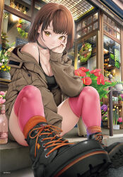 Rule 34 | 1girl, anthurium, black camisole, black choker, black footwear, blush, boots, bottle, breasts, brown hair, brown jacket, camisole, choker, cleavage, flower, flower shop, highres, jacket, looking at viewer, medium breasts, non-web source, open clothes, open jacket, original, parted lips, pink thighhighs, red flower, shop, short hair, single bare shoulder, sitting, smile, solo, temutemutemu, thighhighs, yellow eyes