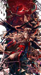 Rule 34 | 1boy, absurdres, bird, black bird, black hair, bomsawol, chinese clothes, hanfu, highres, long hair, male focus, modao zushi, red ribbon, ribbon, solo, very long hair, wei wuxian, wide sleeves