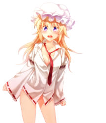 Rule 34 | 1girl, bad id, bad pixiv id, blue eyes, blush, bottomless, breasts, cleavage, dress shirt, female focus, groin, hat, long hair, maribel hearn, naked shirt, neckerchief, no panties, open collar, open mouth, purple eyes, rex k, shirt, sleeves past wrists, solo, touhou