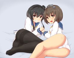 Rule 34 | 2girls, ass, bed, black eyes, black hair, brown eyes, brown hair, commentary request, dress, full body, gradient hair, hakuhou (ende der welt), headgear, headset, highres, kantai collection, looking at viewer, lying, multicolored hair, multiple girls, no pants, on bed, on side, open mouth, own hands together, panties, panties under pantyhose, pantyhose, sailor collar, sailor dress, short hair, short hair with long locks, sidelocks, smile, teeth, thighband pantyhose, tokitsukaze (kancolle), underwear, white panties, yellow neckwear, yukikaze (kancolle)