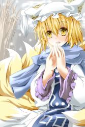 Rule 34 | 1girl, bad id, bad pixiv id, blonde hair, breath, female focus, fox tail, hat, highres, kmkm9696, multiple tails, short hair, snowing, solo, tabard, tail, touhou, winter, yakumo ran, yellow eyes
