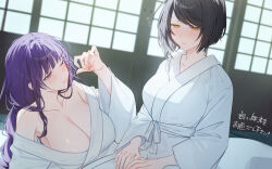 Rule 34 | 2girls, black hair, blush, braid, breasts, cleavage, closed mouth, collarbone, commentary request, genshin impact, highres, japanese clothes, kujou sara, large breasts, long sleeves, low-braided long hair, low-tied long hair, multiple girls, off shoulder, one eye closed, parted lips, purple eyes, purple hair, raiden shogun, single bare shoulder, syandega, translation request, yellow eyes