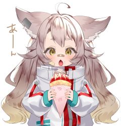 Rule 34 | 1girl, amawa uru, animal ears, bandaid, bandaid on cheek, bandaid on face, bandaid on nose, blonde hair, chestnut mouth, commission, crepe, fang, food, food on face, fox ears, fox girl, fruit, gradient hair, highres, indie virtual youtuber, jacket, light brown hair, long hair, long sleeves, multicolored hair, open mouth, ponpe max, puffy long sleeves, puffy sleeves, second-party source, skeb commission, sleeves past wrists, strawberry, virtual youtuber, whipped cream, white jacket