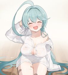 Rule 34 | 1girl, absurdres, ahoge, bandaid, bandaid on leg, blue archive, blush, breasts, buttons, cleavage, closed eyes, cowboy shot, facing viewer, green hair, hair between eyes, highres, large breasts, long hair, looking at viewer, no halo, open mouth, partially unbuttoned, shirt, solo, wet, wet clothes, wet shirt, white shirt, yume (blue archive), zije