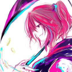 Rule 34 | 1girl, colorful, female focus, hair bobbles, hair ornament, minase (mmakina), onozuka komachi, over shoulder, profile, red eyes, red hair, scythe, short twintails, simple background, solo, touhou, twintails, two side up, weapon, weapon over shoulder, white background