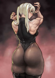 Rule 34 | 1girl, ass, ayaki, bare shoulders, blonde hair, highres, huge ass, leotard, long hair, looking back, maka albarn, muscular, muscular female, pantyhose, silver hair, sleeveless, soul eater, thick thighs, thighhighs, thighs, twintails