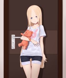 Rule 34 | 1girl, abigail williams (fate), alternate costume, animal print, black shorts, blonde hair, blue eyes, closed mouth, collarbone, commentary request, door, eyebrows hidden by hair, fate/grand order, fate (series), forehead, highres, jilu, long hair, looking at viewer, hugging object, parted bangs, print shirt, rabbit print, shirt, short shorts, short sleeves, shorts, smile, solo, stuffed animal, stuffed toy, t-shirt, teddy bear, thigh gap, very long hair, white shirt