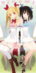Rule 34 | 2girls, ankle lace-up, apron, black hair, blonde hair, blue dress, blue eyes, boots, bow, bowtie, chair, cross-laced footwear, detached collar, detached sleeves, dress, full body, grass, hair ribbon, holding hands, leg ribbon, light smile, multiple girls, nicomi.com, no socks, noco (adamas), pink dress, red eyes, ribbon, sandals, side-by-side, sitting, symmetrical foot pose, symmetrical pose, symmetry, thigh ribbon, thighhighs, twintails, white legwear