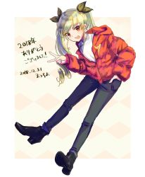 Rule 34 | 1girl, :d, anchovy (girls und panzer), ankle boots, artist name, black footwear, black pants, black ribbon, boots, casual, checkered background, coat, commentary, dated, drill hair, dutch angle, full body, girls und panzer, hair ribbon, hand in pocket, highres, hood, hooded coat, leaning forward, long hair, long sleeves, looking at viewer, macho ojiji, new year, open mouth, outside border, pants, red coat, red eyes, ribbon, shirt, signature, smile, solo, standing, translated, twin drills, twintails, unzipped, v, white shirt