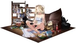 Rule 34 | 1girl, azur lane, bag of chips, bare shoulders, bird, black shorts, blonde hair, breasts, brown eyes, bunker hill (azur lane), bunker hill (mission relaxation) (azur lane), camisole, carton, chick, chips (food), cleavage, cola, collarbone, controller, cup ramen, drooling, food, food in mouth, game controller, hair ornament, hair over one eye, hairclip, hand fan, highres, holding, holding controller, instant ramen, kexue, long hair, looking at viewer, manjuu (azur lane), medium breasts, mouth hold, official alternate costume, official art, open mouth, playing games, potato chips, shelf, shorts, sitting, sleep mask, soda bottle, solo, spaghetti strap, strap slip, transparent background, very long hair