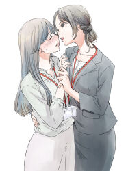 Rule 34 | 2girls, akiyama haru, black hair, blush, closed eyes, cowboy shot, ear piercing, earrings, facing another, gradient hair, grey eyes, grey hair, grey jacket, grey skirt, hand on another&#039;s arm, hand on another&#039;s hip, hand on another&#039;s waist, hand up, highres, holding another&#039;s wrist, id card, imminent kiss, jacket, jewelry, lanyard, long hair, long sleeves, looking at another, multicolored hair, multiple girls, office lady, original, parted lips, piercing, shirt, short hair, simple background, skirt, stud earrings, sweatdrop, teeth, upper teeth only, white background, white shirt, white skirt, yuri