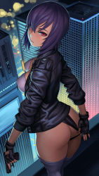 Rule 34 | 1girl, ass, black gloves, black jacket, blurry, blush, bokeh, breasts, building, butt crack, city, cleavage, closed mouth, clothing aside, covered erect nipples, depth of field, expressionless, fingerless gloves, from behind, ghost in the shell, gloves, gun, hair between eyes, handgun, highres, holding, holding gun, holding weapon, jacket, kusanagi motoko, lasterk, leather, leather gloves, leather jacket, leotard, leotard aside, leotard pull, long sleeves, looking at viewer, looking back, medium breasts, night, open clothes, open jacket, outdoors, pistol, pulled by self, purple hair, red eyes, short hair, solo, standing, thighhighs, tomboy, trigger discipline, tsurime, weapon, white thighhighs
