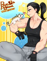 Rule 34 | 1girl, abs, agawa ryou, animal, animal on shoulder, artist name, bad id, bad tumblr id, black gloves, black hair, blue eyes, borrowed character, breasts, cleavage, creatures (company), fakemon, game freak, gloves, grey eyes, heart, lizard, long hair, looking at another, muscular, muscular female, nintendo, original, pants, pokemon, ponytail, sitting, skin tight, solo, spikes, sweatpants, tank top, watermark, web address