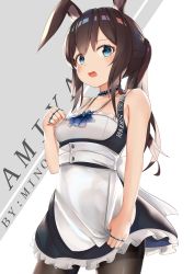 Rule 34 | 1girl, absurdres, alternate costume, amiya (arknights), animal ears, apron, apron tug, arknights, black pantyhose, black skirt, blue eyes, breasts, brown hair, character name, choker, collarbone, cowboy shot, enmaided, frilled skirt, frills, hair between eyes, highres, jewelry, long hair, looking at viewer, maid, miniskirt, minoominoomi, neck ring, open mouth, pantyhose, ponytail, rabbit ears, ring, shiny clothes, shiny legwear, skirt, sleeveless, small breasts, solo, standing, waist apron, white apron