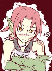Rule 34 | 1girl, bad id, bad twitter id, bare shoulders, blush, crossed arms, dragon girl, facial tattoo, granberia, incko, looking at viewer, mon-musu quest!, monster girl, pointy ears, red hair, scales, short hair, sidelocks, sketch, solo, speech bubble, tattoo, tsundere, upper body, yellow eyes