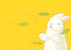 Rule 34 | animal focus, closed eyes, commentary request, leaf, lilac (p-f easy), motion blur, motion lines, no humans, open mouth, original, rabbit, simple background, solo, upper body, white rabbit (animal), wind, yellow background
