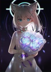 Rule 34 | 1girl, absurdres, animal ear fluff, animal ears, bad id, bad pixiv id, bare arms, bare shoulders, blue archive, blue eyes, blue flower, blue rose, blush, bouquet, cat ears, closed mouth, commentary request, dress, earrings, flower, goyain, grey hair, hair between eyes, hair ornament, halo, highres, holding, holding bouquet, jewelry, long hair, looking at viewer, rose, shiroko (blue archive), sleeveless, sleeveless dress, smile, solo, stud earrings, white dress