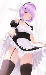 Rule 34 | 1girl, ;), alternate costume, apron, bare shoulders, black choker, black dress, black hairband, black thighhighs, blurry, blurry background, blush, breasts, brown eyes, cait aron, choker, closed mouth, clothes lift, collarbone, commentary request, depth of field, dress, dress lift, dutch angle, enmaided, flower, frilled apron, frilled choker, frilled dress, frilled hairband, frills, garter straps, gluteal fold, groin, hair flaps, hair ornament, hairband, hairclip, half-closed eye, highres, idolmaster, idolmaster cinderella girls, koshimizu sachiko, lifted by self, maid, one eye closed, panties, pink flower, pink rose, puffy short sleeves, puffy sleeves, purple hair, ribbon trim, rose, short hair, short sleeves, small breasts, smile, solo, thighhighs, underwear, waist apron, white apron, white panties, window