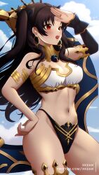 Rule 34 | 1girl, armlet, armpits, arms up, asymmetrical clothes, asymmetrical legwear, asymmetrical sleeves, bare legs, bare shoulders, belly, black hair, black headwear, black ribbon, blue sky, blush, bow, breasts, bridal gauntlets, brown hair, choker, cleavage, cloud, cloudy sky, collarbone, cowboy shot, crop top, crown, curvy, day, detached collar, detached sleeves, diamond (shape), earrings, elbow gloves, eyelashes, fate/grand order, fate (series), floating, floating hair, gloves, gold, gold crown, gold earrings, hair bow, hair intakes, hair ornament, hair ribbon, hands on own hips, heavenly boat maanna, highres, hoop earrings, ishtar (fate), jewelry, large breasts, legs, long hair, midriff, narrow waist, navel, neck ring, necklace, off shoulder, open mouth, outdoors, parted bangs, red eyes, red pupils, revealing clothes, ribbon, shiny skin, sidelocks, sky, sleeveless, smile, solo, stomach, straight hair, strapless, teeth, thick thighs, thighlet, thighs, thong, tiara, tsundere, twintails, twitter username, uneven legwear, uneven sleeves, very long hair, wide hips, xkzan