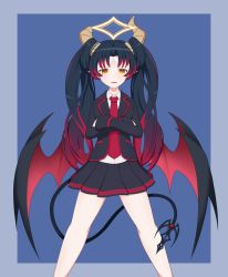 Rule 34 | 1girl, absurdres, black hair, commission, ears, highres, horns, idol corp, lily sin, long hair, looking at viewer, multicolored hair, necktie, onlysupport, open mouth, pointy ears, school uniform, simple background, skirt, tail, thighs, virtual youtuber, wings