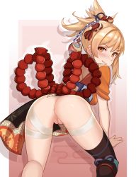 Rule 34 | 1girl, anus, ass, ass focus, bad id, bad twitter id, bandages, black thighhighs, blonde hair, cleft of venus, female focus, fingerless gloves, genshin impact, gloves, hair between eyes, hair ornament, highres, japanese clothes, kimono, light smile, looking at viewer, makeup, orange eyes, pussy, rezodwel, rope, self-upload, simple background, solo, thighhighs, thighs, yoimiya (genshin impact)
