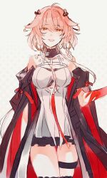 Rule 34 | 1girl, ahoge, bare shoulders, black collar, black jacket, body markings, braid, breasts, changli (wuthering waves), cleavage, clothing cutout, collar, colored extremities, cowboy shot, dress, hair between eyes, hair intakes, hair ornament, halterneck, highres, jacket, large breasts, layered dress, looking at viewer, mi 08215, multicolored hair, open clothes, open jacket, pink hair, smile, solo, tacet mark (wuthering waves), thigh strap, twin braids, two-tone hair, underboob cutout, white dress, white hair, wuthering waves, yellow eyes