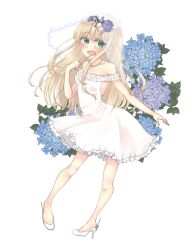 Rule 34 | bare shoulders, black ribbon, blonde hair, bridal veil, dress, flower, frilled dress, frills, green eyes, hair flower, hair ornament, hair ribbon, high heels, highres, jewelry, kantai collection, long hair, mizunototori, necklace, off-shoulder dress, off shoulder, open mouth, ribbon, simple background, straight hair, veil, wedding dress, white background, white dress, white footwear, yuudachi (kancolle)