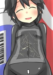 Rule 34 | 1girl, ^ ^, barcode, black hair, breasts, can, closed eyes, gaoo (frpjx283), groin, highres, mini person, minigirl, navel, original, pen tablet, personification, scratches, short hair, skin tight, small breasts, smile, solo focus, tablet-tan