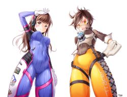 Rule 34 | 2girls, :d, arm at side, arm up, artist name, bad id, bad pixiv id, blush, bodysuit, bomber jacket, breasts, brown eyes, brown hair, character name, closed mouth, clothes writing, covered navel, cowboy shot, cross-laced clothes, d.va (overwatch), eyebrows, facepaint, facial mark, from below, gloves, glowing, goggles, hands on own hips, headphones, jacket, legs apart, long hair, looking at viewer, looking down, medium breasts, multiple girls, open mouth, overwatch, overwatch 1, pilot suit, short hair, simple background, skin tight, smile, swept bangs, thigh strap, tobi (mue86), tracer (overwatch), whisker markings, white background, white gloves