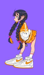 Rule 34 | 1girl, black eyes, black hair, braid, buttons, closed mouth, from side, full body, halftone, hand in pocket, highres, jacket, leaning forward, long hair, long sleeves, making-of available, miniskirt, multicolored hair, nao97122, nike (company), nike air force 1, open clothes, open jacket, orange hair, orange jacket, orange skirt, original, pleated skirt, purple background, shoes, simple background, skirt, sneakers, socks, solo, standing, streaked hair, twin braids, white footwear, white socks, zipper pull tab