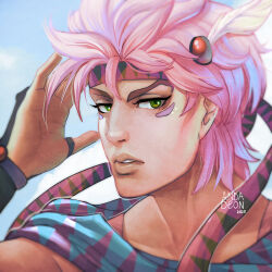 Rule 34 | 1boy, 2020, absurdres, andarix, battle tendency, caesar anthonio zeppeli, commentary, english commentary, facial mark, feather hair ornament, feathers, green eyes, hair ornament, headband, highres, jojo no kimyou na bouken, male focus, parted lips, pink hair, portrait, signature, solo