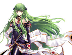 Rule 34 | 00s, 1girl, bare shoulders, c.c., code geass, detached sleeves, dress, female focus, green hair, long hair, meimi k, signature, solo, very long hair, white background, wind, yellow eyes